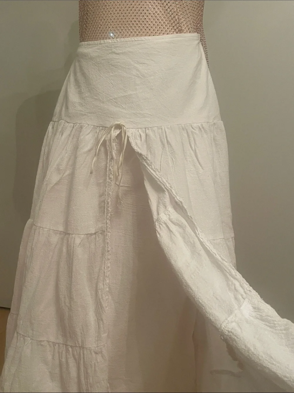 White Tiered Midi Skirt with Drawstring Waist